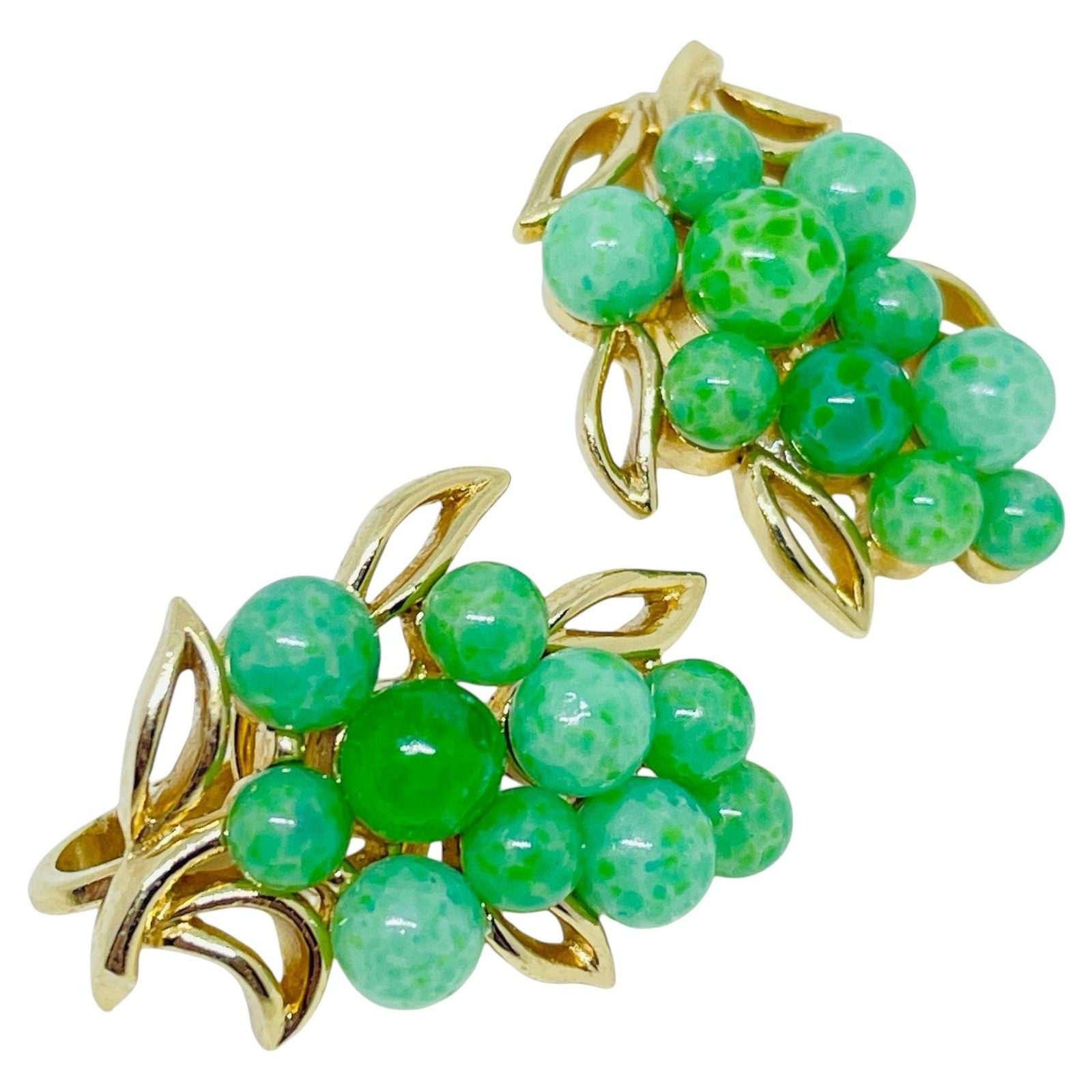 Trifari Crown Signed Vintage Gold Tone Green Jade Glass Designer Clip Earrings